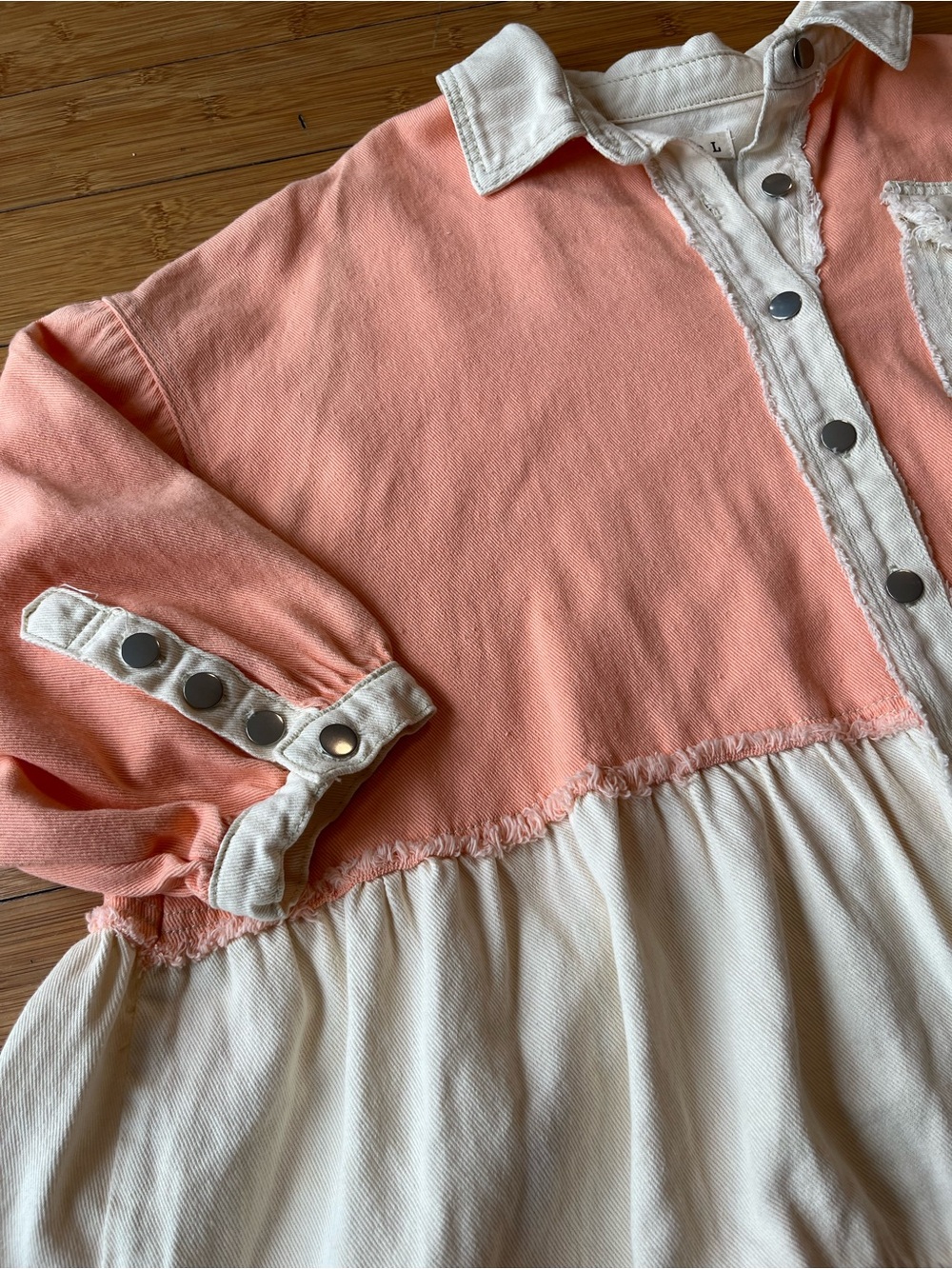 POL Pink & Cream Long Sleeve Tiered Denim Dress Western Boho Frayed Hem - Picture 5 of 11